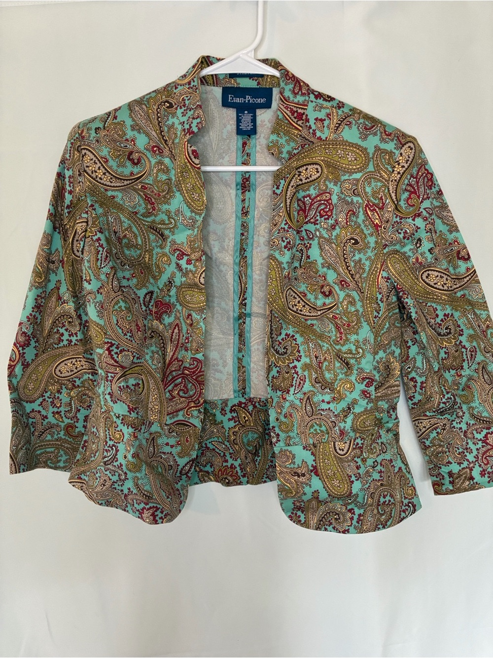 Evan Picone Mint Paisley Open-Front Blazer with Gold & Red Accents